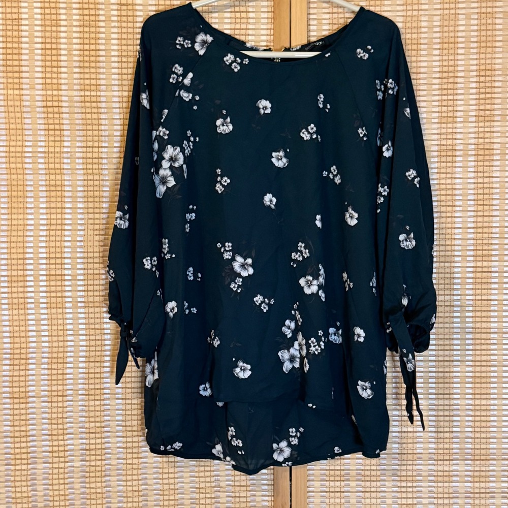 Papermoon Womens XXL Navy Blue Floral Chiffon Blouse Tie Sleeve Zip Back Fairy